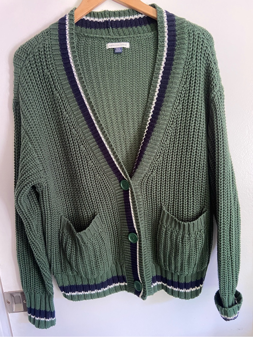 American Eagle Green Knit Button Front Cardigan With Navy & White Trim Size S